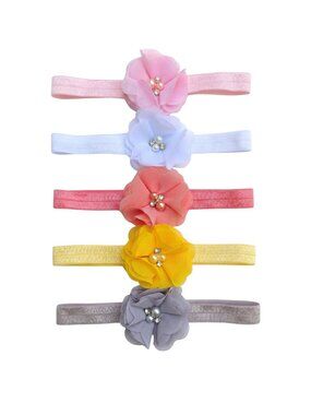 New | 5 Pack Handmade Chiffon Flower Baby Headbands Multi-Color Soft Elastic
